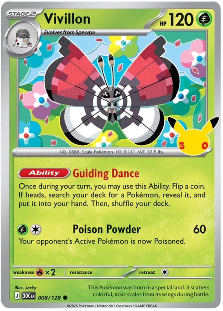 Vivillon 008/128 Common Pokemon Card (30th Anniversary Collection)
