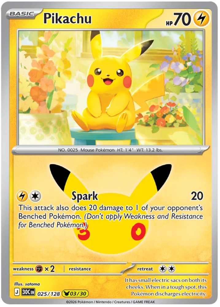 Pikachu 025/128 Common Pokemon Card (30th Anniversary Collection)