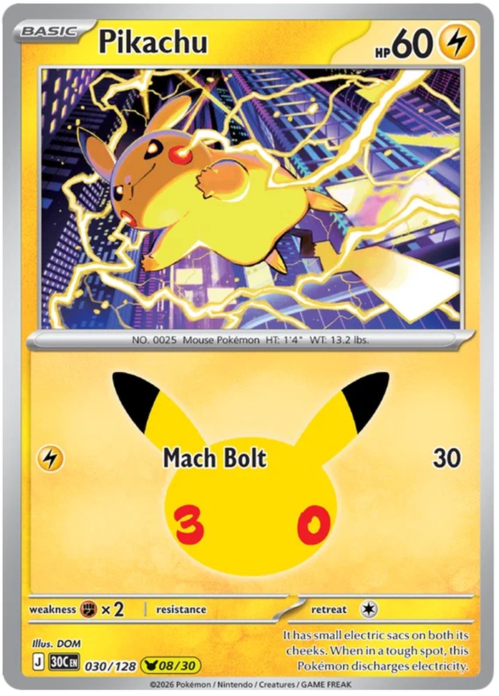 Pikachu 030/128 Common Pokemon Card (30th Anniversary Collection)