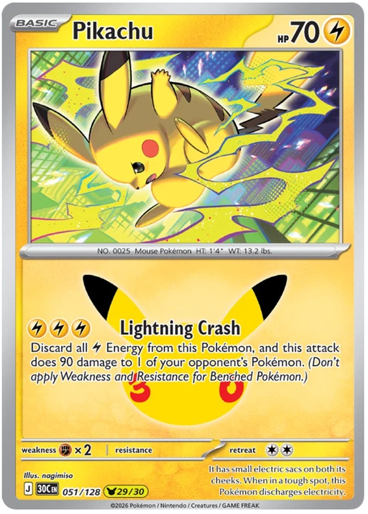 Pikachu 051/128 Common Pokemon Card (30th Anniversary Collection)