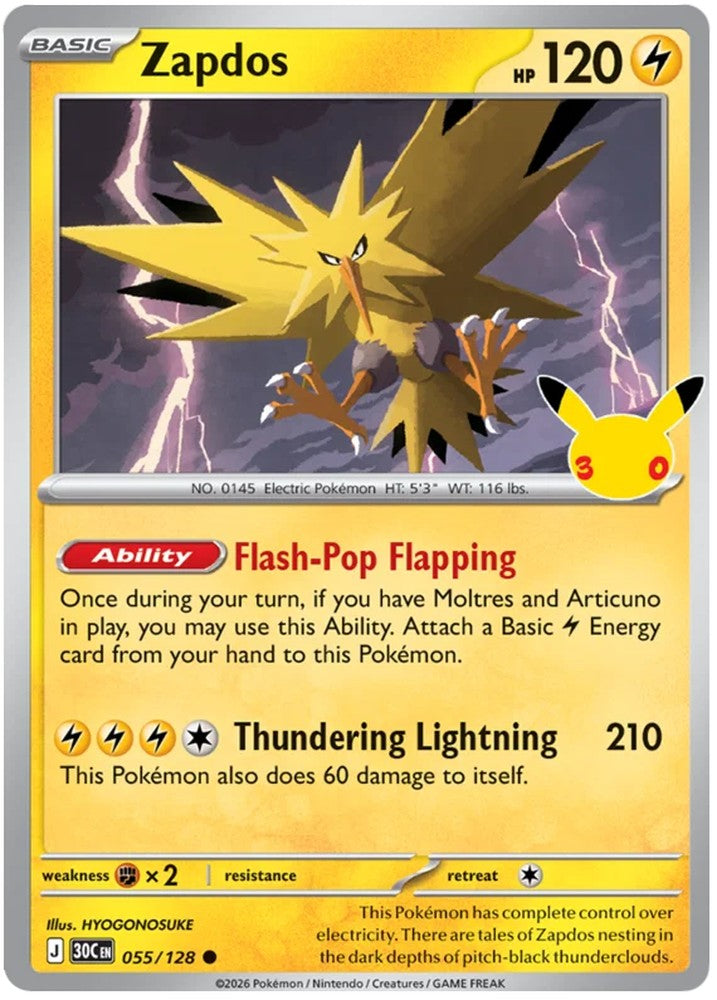 Zapdos 055/128 Common Pokemon Card (30th Anniversary Collection)