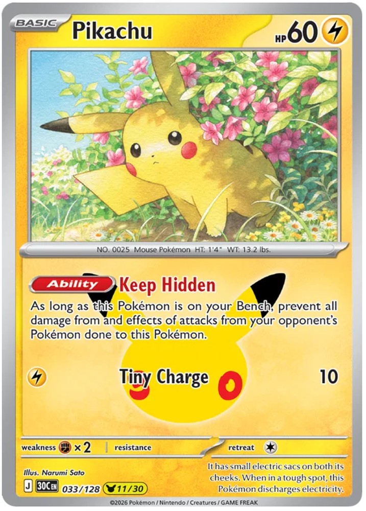 Pikachu 033/128 Common Pokemon Card (30th Anniversary Collection)