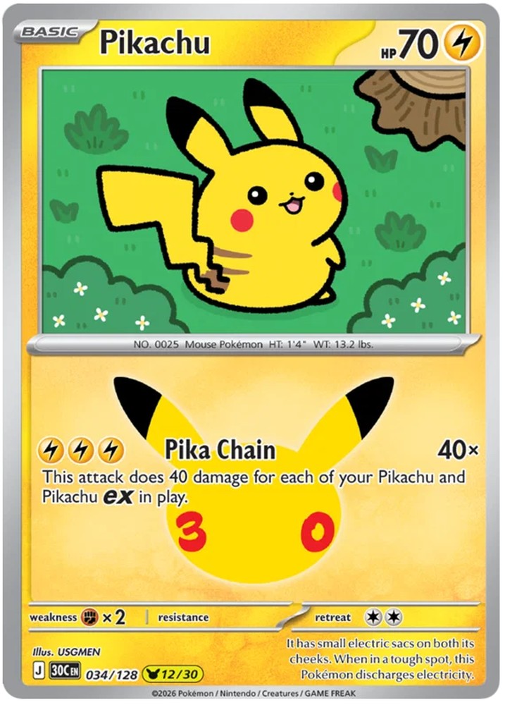 Pikachu 034/128 Common Pokemon Card (30th Anniversary Collection)