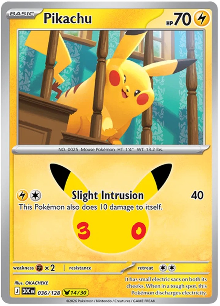 Pikachu 036/128 Common Pokemon Card (30th Anniversary Collection)