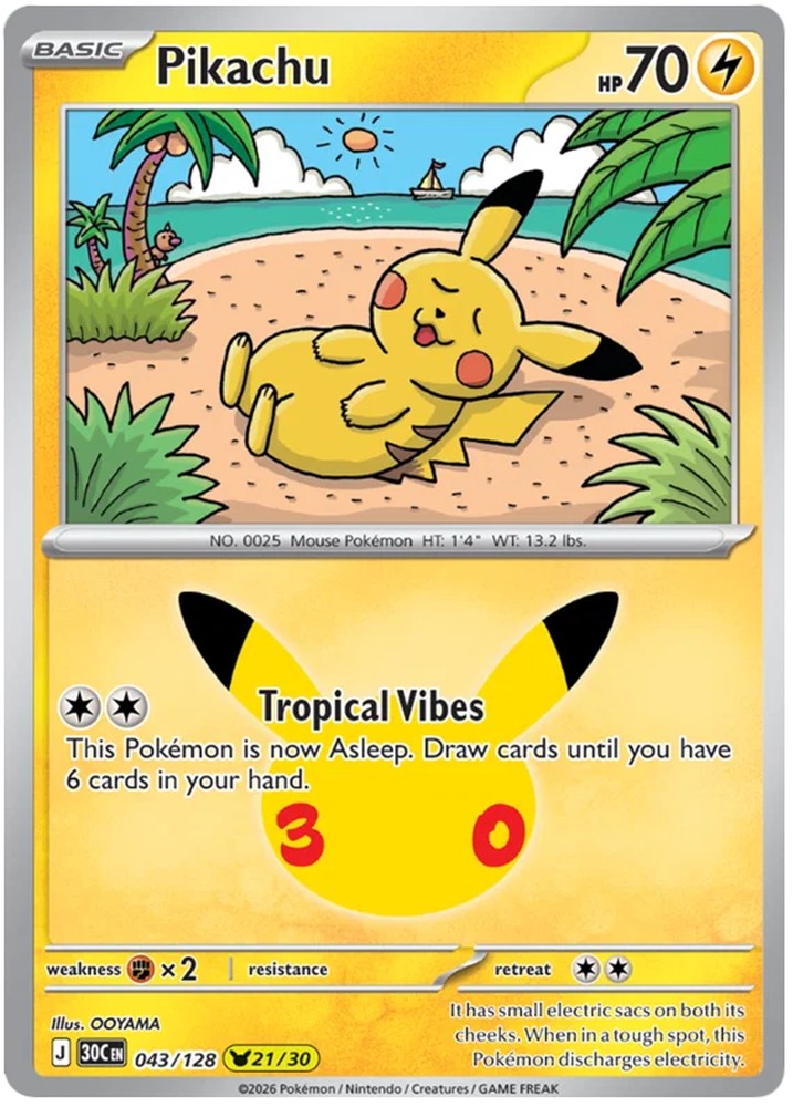 Pikachu 043/128 Common Pokemon Card (30th Anniversary Collection)