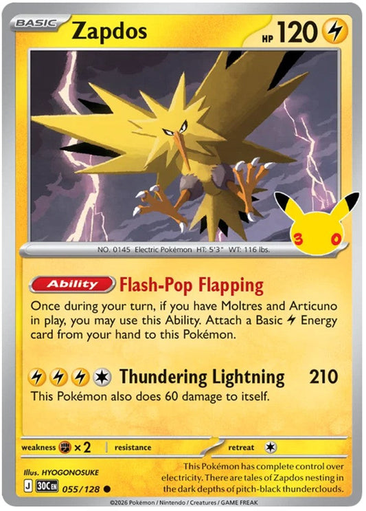 Zapdos 055/128 Common Pokemon Card (30th Anniversary Collection)