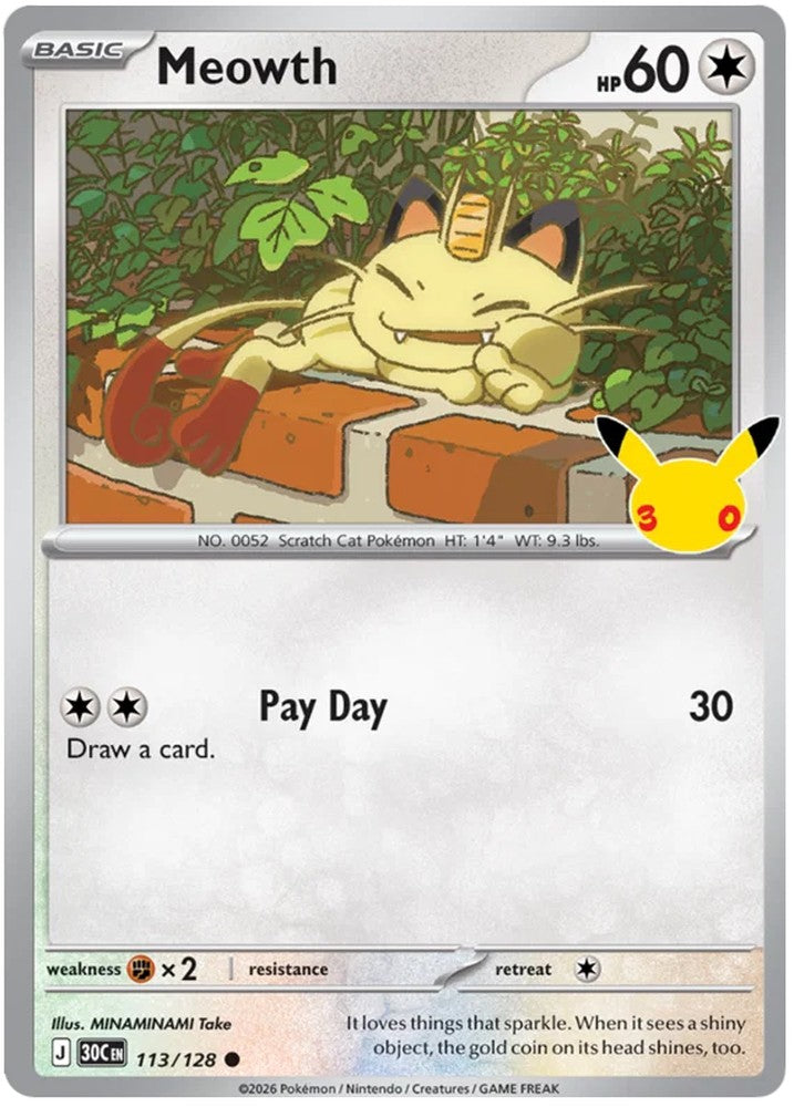 Meowth 113/128 Common Pokemon Card (30th Anniversary Collection)