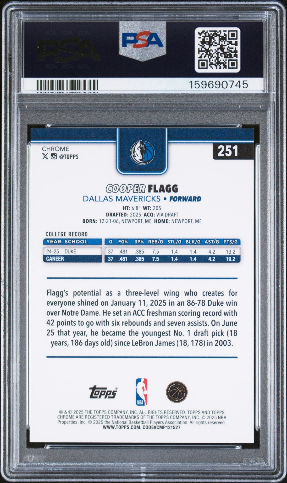 2025 Topps Chrome Cooper Flagg Blue X-Fractor PSA 10